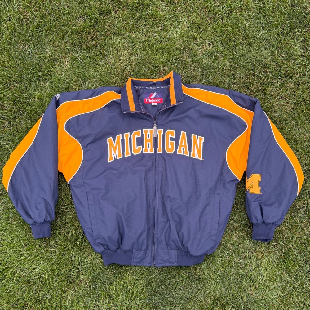 A+ Majestic Michigan Wolverines Jacket Mens XL Blue Orange Full Zip Windbreaker